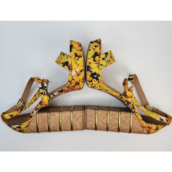 Cottagecore 9M Open Toe Yellow Floral Strappy 5" Block Heels Sandals Boho Retro - Picture 6 of 9